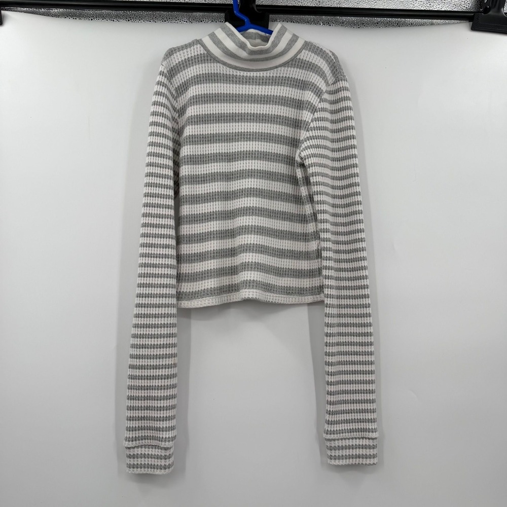 Aerie Womens XS Striped Mock Neck Long Sleeve Waffle Knit Top White Grey